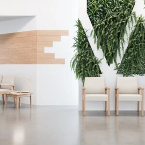 Modern waiting area with green vertical plants wall.
