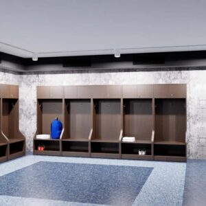 Empty wooden locker room with tiled floor.