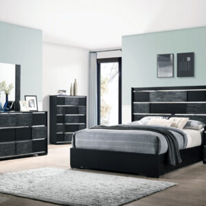 Modern bedroom set with bed, dresser, and nightstand.