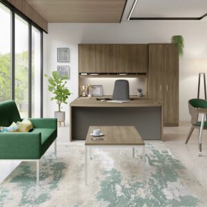 Modern office with green sofa and wooden furniture.